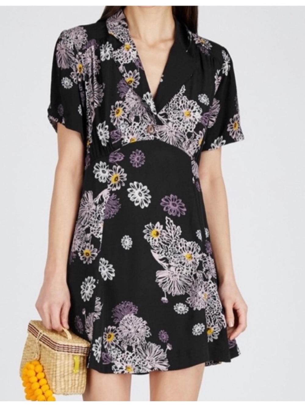 Free People Black Hawaii Floral Short Sleeve V-Neck Mini Dress Size: M